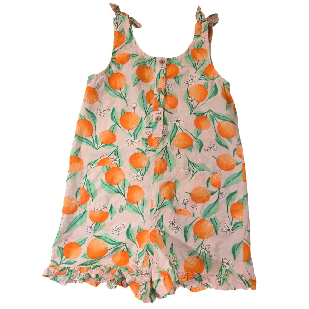 Primark Cares Girls Orange Fruit Print Romper Pink Tie Shoulder Size 6-7Y 122cm